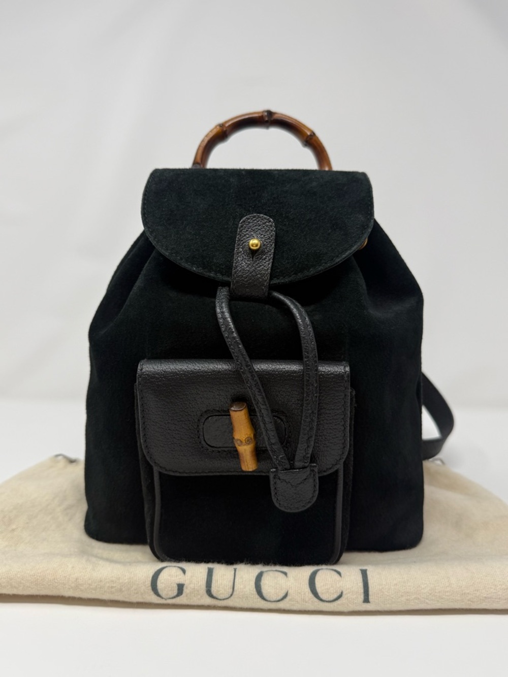Gucci Vintage Bamboo Suede Backpack Black - COA & Dust Bag